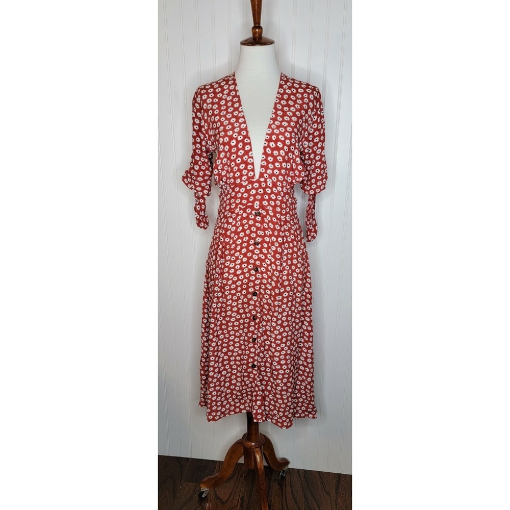 Faithful The Brand Women's Red Floral Button Front V Neck Dress Size 2
